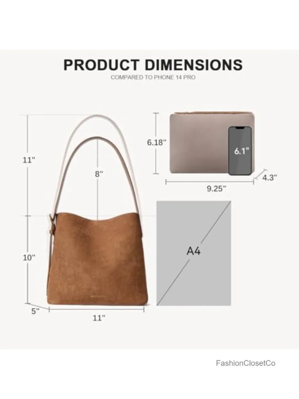 Faux suede bucket bag with adjustable strap, detachable zip pouch, snap closure
